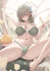 1girl absurdres annasui_factory arm_support artist_name azur_lane barefoot blush bow bow_panties bra breasts butterfly_hair_ornament butterfly_ornament collarbone commentary de_zeven_provincien_(azur_lane) de_zeven_provincien_(snuggling_for_warmth)_(azur_lane) elf english_commentary eyes_visible_through_hair falling_petals flower green_bra green_eyes green_panties grey_hair hair_between_eyes hair_ornament hair_over_one_eye hand_up highres holding holding_flower indoors lace lace-trimmed_bra lace-trimmed_panties lace_trim large_breasts long_hair looking_at_viewer manjuu_(azur_lane) navel official_alternate_costume panties petals pointy_ears reclining sitting smile solo spread_legs stomach thighs toes tulip underwear underwear_only white_bow window yellow_flower yellow_tulip