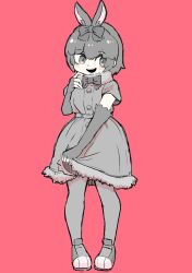 Rule 34 | 1girl, amami rabbit (kemono friends), animal ears, black bow, black bowtie, black dress, black eyes, black gloves, black hair, black pantyhose, black shoes, blush, bow, bowtie, dress, dress tug, elbow gloves, extra ears, fingerless gloves, full body, fur trim, gloves, grey fur, hair between eyes, hair bow, highres, kemono friends, nenkou-san, open mouth, pantyhose, pink background, rabbit ears, rabbit girl, shoes, short hair, short sleeves, sidelocks, smile, solo