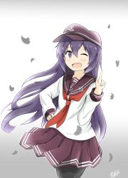 Rule 34 | &gt;;d, 1girl, ;d, absurdres, akatsuki (kancolle), anchor symbol, black hat, black pantyhose, blush, collarbone, commentary request, female focus, flat cap, gradient background, grey background, hand on own hip, hand up, hat, highres, index finger raised, kantai collection, long hair, long sleeves, looking at viewer, neckerchief, one eye closed, open mouth, pantyhose, petals, pleated skirt, purple eyes, purple hair, purple skirt, red neckerchief, shirt, signature, simple background, skirt, smile, solo, standing, tareme, v-shaped eyebrows, very long hair, white background, white shirt