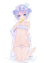 1girl absurdres barefoot bikini bikini_pull bikini_under_clothes blue_eyes blue_hair blush bow breasts clothes_pull crown double_bun feet food frilled_bikini frills gochuumon_wa_usagi_desu_ka? groin hair_bow hair_bun highres humooooo kafuu_chino kneeling loli long_hair mini_crown no_pussy off_shoulder open_clothes open_shirt popsicle pulling_own_clothes ribbon shirt small_breasts soles solo stomach swimsuit thigh_gap thighs toes undressing white_bikini white_ribbon white_shirt