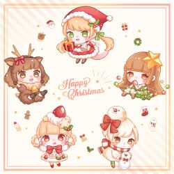 5girls :3 :d :q animal_ears antlers ari_(oonmnmooo) artist_name bell blonde_hair blunt_bangs blush boots bow box braid braided_hair_rings brown_eyes brown_hair brown_shoes chibi chibi_only christmas christmas_stocking christmas_wreath closed_mouth commentary cream deer_ears dress food fork fruit full_body fur-trimmed_boots fur-trimmed_dress fur-trimmed_headwear fur_trim gift gift_box green_dress green_eyes green_pantyhose hair_ornament hair_rings hat highres holding holding_fork holding_ornament holding_spoon holly horns looking_at_viewer multiple_girls open_mouth orange_eyes original pantyhose red_bow red_dress red_scarf reindeer santa_hat scarf shoes smile spoon star_(symbol) star_hair_ornament strawberry striped_bow striped_clothes striped_pantyhose striped_scarf symbol-only_commentary tongue tongue_out twintails two-tone_scarf white_scarf wreath