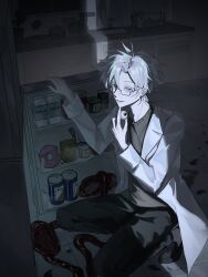 1boy absurdres black_pants black_shoes black_sweater blue_eyes can chinese_commentary colored_eyelashes commentary_request donut food glasses guro highres holding_eyeball indoors intestines kanou_aogu kitchen lab_coat lajitong_jun long_sleeves male_focus milk_carton open_clothes open_mouth pants rectangular_eyewear saibou_shinkyoku semi-rimless_eyewear shoes short_hair smile solo squatting sweater white_hair
