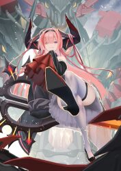 1girl azur_lane bare_shoulders black_horns black_shoes commentary crossed_legs detached_collar hair_on_horn hair_over_one_eye high_heels highres horns huge_horns long_hair looking_at_viewer mechanical_horns multicolored_horns non-humanoid_robot pink_hair prinz_rupprecht_(azur_lane) purple_eyes robot robot_dragon scissors ship_turret shoes sleeves_past_fingers sleeves_past_wrists solo thighhighs two-tone_horns very_long_hair wacky092 white_thighhighs