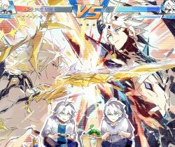 Rule 34 | 2boys, ahoge, alternate costume, alternate universe, antenna hair, bare shoulders, battle, blonde hair, blue eyes, blue pants, blue shirt, chinese commentary, clenched teeth, closed mouth, collared shirt, contemporary, controller, cup, disposable cup, dual persona, fighting, from side, game controller, hair between eyes, holding, holding controller, holding game controller, holding sword, holding weapon, honkai: star rail, honkai (series), honkai impact 3rd, in-franchise crossover, indian style, kevin kaslana, lavita42, looking at another, looking down, looking to the side, looking up, multiple boys, muscular, muscular male, open clothes, open shirt, pants, phainon (honkai: star rail), playing, playing games, pointy ears, powering up, shirt, short hair, sitting, sleeves rolled up, spiked hair, sword, teeth, video game, weapon, white hair, white shirt, yellow eyes
