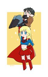 Rule 34 | !, 1boy, 1girl, ?, assertive female, blonde hair, blue eyes, boots, border, cape, chibi, crop top, dc comics, full body, gloves, hand on own hip, highres, hwen118, jason todd, knee boots, lifting person, long sleeves, midriff, miniskirt, red boots, red cape, red gloves, red hood, red skirt, simple background, skirt, smile, sparkle, standing, supergirl, thighhighs, white border, yellow background, zettai ryouiki