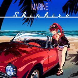 Rule 34 | 1girl, :d, beach, black hat, blue sky, breasts, car, character name, cleavage, convertible, day, earrings, eyewear on headwear, feet, gold necklace, hat, heart, heart-shaped eyewear, heart necklace, heterochromia, highres, hololive, houshou marine, houshou marine (summer), jewelry, large breasts, long hair, looking at viewer, motor vehicle, mugi (marineblue134), necklace, ocean, official alternate costume, open mouth, outdoors, red car, red eyes, red hair, shinkiro (hololive), short shorts, shorts, sky, smile, solo, thigh strap, twintails, virtual youtuber, white shorts, yellow eyes