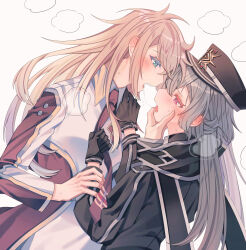 2girls absurdres black_necktie blonde_hair blush breasts brown_necktie clothed_sex collared_dress commentary_request dress duel_monster emptyayya gloves grey_hair highres kiss long_hair long_sleeves multiple_girls necktie red_eyes simple_background sky_striker_ace_-_raye sky_striker_ace_-_roze sweat twintails two-tone_dress yu-gi-oh! yuri