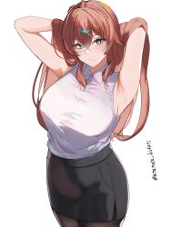 1girl absurdres ananda_hikari aqua_eyes armpit_focus armpits arms_behind_head artist_name azur_lane black_pantyhose black_skirt blue_eyes breasts brown_hair closed_mouth collared_shirt crossed_bangs highres impero_(azur_lane) impero_(drunken_drowsy_dreamer)_(azur_lane) large_breasts long_hair looking_at_viewer office_lady official_alternate_costume pantyhose pencil_skirt presenting_armpit shirt simple_background skirt sleeveless sleeveless_shirt solo sweat white_background white_shirt