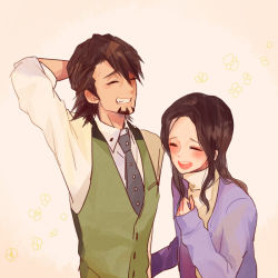 Rule 34 | 10s, 1boy, 1girl, bad id, bad pixiv id, brown hair, couple, facial hair, hetero, husband and wife, kaburagi t. kotetsu, kaburagi tomoe, long hair, necktie, poco24, short hair, stubble, tiger &amp; bunny, vest, waistcoat