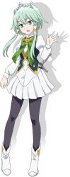 1girl anime_coloring arm_up boots bow bowtie clenched_hands full_body green_bow green_bowtie green_eyes green_hair isekai_wa_smartphone_to_tomo_ni. juliet_sleeves kameyama_chinatsu long_hair long_sidelocks long_sleeves looking_at_viewer low-tied_sidelocks lucia_rea_regulus official_art open_hand open_mouth palms pantyhose pleated_skirt puffy_long_sleeves puffy_sleeves short_hair sidelocks simple_background skirt smile solo spread_fingers standing tiara tsurime white_boots white_skirt