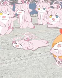 6+girls absurdres ahoge blue_archive blue_eyes blush clone flattened food food_costume fried_hoshino_(meme) hair_between_eyes halo heterochromia highres hoshino_(blue_archive) lattes2 long_hair meme multiple_girls open_mouth photo_background pink_hair pink_halo shrimp shrimp_tempura smile solo tempura tempura_costume very_long_hair yellow_eyes