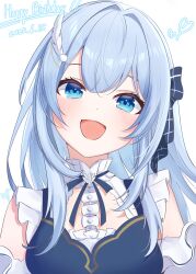 1girl :d absurdres blue_eyes blue_hair blush dated feather_hair_ornament feathers hair_ornament happy_birthday hashtag-only_commentary highres indie_virtual_youtuber open_mouth ryu160303 simple_background smile solo upper_body virtual_youtuber white_background