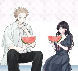 1boy 1girl black_hair black_pants black_shirt black_skirt blonde_hair blush brown_eyes closed_eyes closed_mouth eating food fruit hand_on_mouth hands_up highres kaoru_hana_wa_rin_to_saku kaoru_sakurako long_hair open_clothes open_shirt pants red_ribbon ribbon sailor_collar sailor_shirt shirt sitting skirt smile tsumugi_rintarou very_long_hair waguri_kaoruko watermelon watermelon_slice white_shirt