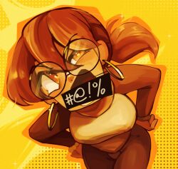 brown_eyes brown_hair censored_profanity doqmeet earrings from_above hands_on_own_hips highres hoop_earrings jewelry julie_powers long_sleeves ponytail round_eyewear scott_pilgrim_(series) scott_pilgrim_takes_off yellow_background