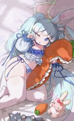 1girl :o animal_ear_fluff animal_ears bedroom blue_choker blue_eyes blue_hair blue_panties blue_ribbon bright_pupils choker clenched_hands commentary_request commission cropped_shirt dot_nose frilled_shirt frills from_above hands_up highres holding holding_pillow indoors kkaebing long_hair long_sleeves lying navel on_bed on_side one_eye_closed original panties parted_lips pear-shaped_figure pillow rabbit_ears rabbit_girl ribbon shirt side-tie_panties skindentation sleeve_ribbon solo striped_clothes striped_panties stuffed_animal stuffed_toy thick_thighs thighhighs thighs underwear very_long_hair white_pupils white_shirt white_thighhighs