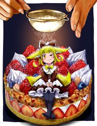 &gt;_o 1girl absurdres blonde_hair blue_pantyhose blueberry blunt_bangs blush bow bowtie brown_dress cake commentary_request doitsuken dress ears_down fang fang_out fingernails food fox_child_(doitsuken) fox_tail fruit hair_bow highres icing in_food legs_together looking_at_viewer mini_person minigirl multiple_tails one_eye_closed own_hands_together pantyhose powdered_sugar sitting smile solo_focus strawberry strawberry_shortcake sugar tail two_tails yellow_eyes yellow_neckwear
