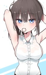 1girl armpits bare_arms bare_shoulders blue_background blue_eyes breasts brown_hair hair_between_eyes highres jamongssui large_breasts original shirt two-tone_background white_background white_shirt