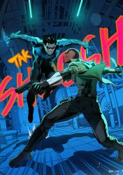 2boys absurdres artist_name bat_signal batman_(series) batman_symbol black_bodysuit black_gloves black_hair blue_bodysuit blue_mask bodysuit brown_jacket dc_comics gloves grey_bodysuit gun handgun highres holding holding_weapon holster jacket jason_todd large_pectorals male_focus mask multiple_boys muscular muscular_male nightwing open_clothes pants pectorals red_hood_(dc) red_mask short_hair smile superhero_costume taut_bodysuit thigh_holster two-tone_bodysuit we_5104 weapon
