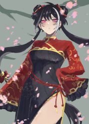1girl black_dress black_hair breasts cherry_blossoms chinese_clothes double_bun dress grey_background hair_bun highres jia_xichun_(project_moon) limbus_company long_hair long_sleeves looking_at_viewer multicolored_hair pink_eyes project_moon red_shrug rope_belt side_slit simple_background solo standing streaked_hair twintails upper_body very_long_hair whoiseni