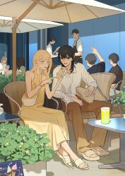 3boys 5girls arm_up bag black_eyes black_hair blonde_hair bracelet brown_pants cellphone chair collared_shirt commentary cup dress earrings english_commentary flower_earrings halter_dress halterneck highres holding holding_phone jewelry long_hair long_sleeves multiple_boys multiple_girls on_chair pants phone plant qiu_tong ring sandals shirt shoulder_bag sitting smartphone sq_(series) sun_jing table tanjiu umbrella white_shirt yellow_dress yellow_eyes