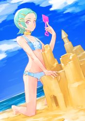 1girl aqua_hair barefoot beach bikini choker dutch_angle eureka_(eureka_seven) eureka_seven eureka_seven_(series) female_focus flat_chest grin hair_ornament hairclip kneeling looking_at_viewer ocean orz_(orz57) purple_eyes sand_castle sand_sculpture short_hair shovel smile solo spade swimsuit
