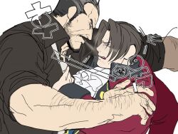 2boys ace_attorney arm_hair ascot bara black_facial_hair black_hair black_shirt blowing_smoke disgust facial_hair grey_hair hand_hair knuckle_hair male_focus miles_edgeworth multiple_boys mustache necktie open_mouth paksuu shirt short_hair shoving sideburns simple_background smoke tears translation_request tyrell_badd white_ascot white_background white_necktie yaoi