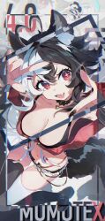 1girl asymmetrical_legwear breasts cleavage fang k3nzoteruta mismatched_legwear multicolored_hair navel original red_eyes short_shorts shorts thighhighs two-tone_hair