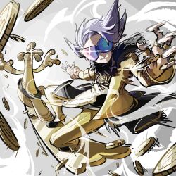 Rule 34 | 1boy, black scarf, blue-tinted eyewear, coin, ffccll, fur scarf, gholdengo, glint, grey hair, grin, highres, jacket, jewelry, lear (pokemon), lear (sygna suit) (pokemon), long sleeves, male focus, motion blur, nintendo, official alternate costume, pants, pointy hair, pokemon, pokemon (creature), pokemon masters ex, ring, scarf, shoes, short hair, smile, sunglasses, teeth, tinted eyewear, yellow jacket, yellow pants