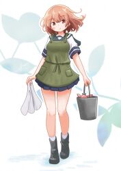 1girl aaoi bandaid bandaid_on_face bikini black_boots blue_sailor_collar blue_skirt boots brown_eyes brown_hair bucket crab full_body green_bikini highres kantai_collection looking_at_viewer oboro_(kancolle) one-hour_drawing_challenge pleated_skirt sailor_collar sailor_shirt shirt short_hair skirt solo standing swimsuit towel white_shirt