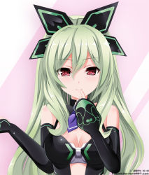 10s 1girl blush bow breasts female_focus finger_to_mouth green_hair hakozaki_chika keenh long_hair looking_at_viewer neptune_(series) open_mouth red_eyes solo very_long_hair