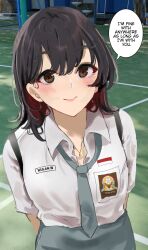 1girl arms_behind_back arumanis black_hair blush brown_eyes character_name closed_mouth collared_shirt colored_inner_hair commentary english_text grey_necktie grey_skirt hair_between_eyes highres indonesian_flag indonesian_high_school_uniform jewelry looking_at_viewer multicolored_hair necklace necktie original outdoors photo_background red_hair school_uniform shirt short_hair short_sleeves skirt smile solo speech_bubble standing white_shirt