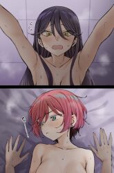 2girls amate_yuzuriha black_hair blue_eyes blush breasts collarbone commentary_request gundam gundam_gquuuuuux hair_between_eyes kitaku_(nakamachi_machi) large_breasts long_hair lying multiple_girls nude nyaan_(gundam_gquuuuuux) on_back open_mouth pout red_hair short_hair sweat yuri