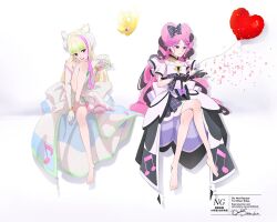 2girls balloon bare_legs bare_shoulders barefoot black_gloves blonde_hair blunt_bangs braid clothing_cutout crossed_legs cure_kiss cure_zukyuun dress earrings fortissimo frilled_dress frilled_skirt frilled_sleeves frills gingham_dress gloves gradient_hair hair_extensions hair_ornament hair_ribbon hair_wings heart heart-shaped_lock heart-shaped_pupils heart_balloon heart_cutout highres holding holding_stick holding_weapon jewelry key kimi_to_idol_precure leg_up multicolored_hair multiple_girls musical_note musical_note_hair_ornament musical_note_print namcho on_ground parted_bangs pink_hair precure ribbon signature sitting skirt stick symbol-shaped_pupils twin_braids twintails watermark weapon white_gloves wing_hair_ornament