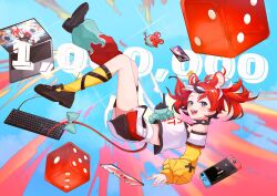 1girl animal_ears aqua_bow asymmetrical_legwear belt black_belt black_collar black_footwear black_gloves black_hair bow breasts cellphone clothes_writing collar computer_keyboard crop_top detached_sleeves dice dice_hair_ornament floating full_body gloves hair_ornament hakos_baelz hakos_baelz_(1st_costume) handheld_game_console highres hololive hololive_english index_finger_raised kneehighs leg_belt leg_warmers long_sleeves looking_at_viewer medium_breasts midriff milestone_celebration mismatched_legwear mouse_ears mouse_girl mouse_tail mr._squeaks_(hakos_baelz) multicolored_hair multicolored_skirt multicolored_sleeves notebook open_mouth penny_loafers phone puffy_long_sleeves puffy_sleeves rantomato18 red_hair red_leg_warmers shirt single_glove single_kneehigh single_leg_warmer single_sock skirt sleeves_past_wrists smartphone smile socks solo spiked_collar spikes strapless strapless_shirt streaked_hair tail tail_ornament thigh_belt thigh_strap twintails virtual_youtuber white_hair white_shirt yellow_socks