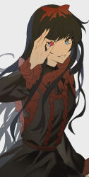 1girl absurdres black_dress black_hair black_souls black_souls_2 blue_eyes bow bowtie cow dress food frilled_sleeves frills fruit hair_bow hairband highres holding holding_food holding_fruit long_hair looking_at_viewer mabel_(black_souls) parted_lips red_bow red_bowtie red_hairband sidelocks simple_background sio2_(whynotkarma) smile solo very_long_hair white_background