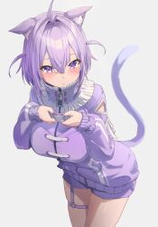 1girl ahoge animal_ear_fluff animal_ears blush breasts cat_ears cat_girl cat_tail closed_mouth commentary cowboy_shot frown grey_background hands_up heart heart_o-ring highres holding hololive large_breasts leaning_forward long_sleeves looking_at_viewer medium_hair nekomata_okayu nekomata_okayu_(membership) o-ring purple_eyes purple_nails purple_shirt purple_shorts reulem shirt shorts simple_background solo tail two_side_up virtual_youtuber