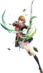 1girl aiming archery archery_shooting_glove armband arrow_(projectile) belt_buckle black_gloves black_jacket black_skirt black_socks bow bow_(weapon) bowtie brown_eyes brown_hair brown_shoes buckle cardigan choker collared_shirt earrings evoker falling_leaves fighting_stance flipped_hair foot_up full_body gekkoukan_high_school_uniform gloves heart heart_choker highres holding holding_bow_(weapon) holding_weapon holster jacket jewelry kneehighs leaf legs lips long_sleeves looking_at_viewer loose_bowtie miniskirt non-web_source official_art open_clothes open_jacket parted_lips partially_fingerless_gloves persona persona_3 persona_3_reload persona_5 persona_5:_the_phantom_x pink_cardigan pink_lips pleated_skirt quiver red_armband red_bow red_bowtie ribbed_cardigan s.e.e.s school_uniform shirt shoes short_hair simple_background single_glove skirt socks solo standing standing_on_one_leg stud_earrings swept_bangs takeba_yukari thigh_holster thighs transparent_background weapon white_choker white_shirt wind