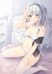 1girl absurdres arm_up bad_id bad_pixiv_id bare_shoulders bed black_shirt blue_bra blue_panties blurry blurry_background bow bow_bra bow_panties bra chest_of_drawers commentary_request depth_of_field digital_thermometer female_focus fingernails frilled_hairband frilled_pillow frills green_hairband grey_eyes hairband heavy_breathing highres indoors long_hair nail_polish no_shoes off_shoulder on_bed one_side_up open_clothes open_shirt original panties pillow pink_nails puffy_short_sleeves puffy_sleeves shirt short_sleeves sick silver_hair sitting solo thermometer thighhighs tsuruse underwear very_long_hair wariza white_thighhighs