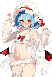 Rule 34 | 1girl, absurdres, blue hair, blush, bow, bra, breasts, cellphone, claw pose, cowboy shot, demon wings, ei tantan, frilled bra, frilled panties, frilled thigh strap, frills, hair between eyes, hat, hat bow, heart, highres, long sleeves, looking at viewer, low wings, mob cap, navel, nose blush, open clothes, open mouth, open shirt, panties, phone, pointy ears, red bow, red eyes, red wings, remilia scarlet, shirt, short hair, simple background, small breasts, solo, thigh strap, touhou, underwear, white background, white bra, white panties, white shirt, wings
