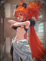 1girl adversarial_noise battery_indicator breasts bright_pupils commentary_request indoors koleda_belobog long_hair looking_at_viewer navel nipples open_mouth paid_reward_available petite recording red_eyes red_hair sharp_teeth small_breasts solo special_cat teeth twintails undressing variant_set very_long_hair viewfinder white_pupils zenless_zone_zero