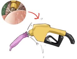 1girl anal anal_object_insertion arrow_(symbol) ass commentary condom english_commentary gas_pump gas_pump_nozzle gasoline grey_background object_insertion original sawkm suggestive_fluid used_condom