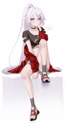 1girl absurdres alternate_costume artist_name black_choker black_shirt blue_eyes breasts choker cleavage commentary_request cropped_shirt grey_socks high_ponytail highres honkai_(series) honkai_impact_3rd jacket kiana_kaslana knee_up long_hair medium_breasts ponytail red_jacket rinna_(xxrinna) shirt shoes short_shorts shorts simple_background sitting socks solo star-shaped_pupils star_(symbol) stomach symbol-shaped_pupils very_long_hair white_background white_hair white_shoes white_shorts