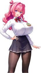 1girl :d arm_at_side black_pantyhose black_skirt bow bowtie breasts chichino_kaori cleavage derauea diagonal-striped_bow diagonal-striped_bowtie diagonal-striped_clothes double_bun emblem game_cg hair_bun hair_intakes hair_rings hand_on_own_hip highres huge_breasts light_blush long_hair long_sleeves looking_at_viewer motto!_haramase!_honoo_no_oppai_isekai_oppai_bunny_gakuen! non-web_source official_art open_mouth pantyhose pink_hair pleated_skirt purple_eyes red_bow red_bowtie school_uniform shirt shirt_tucked_in skirt smile solo standing star_(symbol) star_in_eye striped_clothes symbol_in_eye tachi-e transparent_background wavy_hair wavy_sidelocks white_shirt