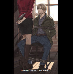 1boy 1girl absurdres adam&#039;s_apple belt blue_pants bound bracelet brown_belt brown_hair buttons chair collared_shirt english_text grey_shirt hand_on_another&#039;s_chin head_out_of_frame highres holding holding_knife james_sunderland jewelry knife long_sleeves maria_(silent_hill) nyeigneous pants parted_lips pillarboxed red_shirt shirt short_hair silent_hill_(series) silent_hill_2 sunlight tied_up_(nonsexual) window wooden_floor
