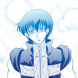 1boy blue_theme blush bubble closed_mouth commentary_request crying crying_with_eyes_open fuyuzato_seia hair_between_eyes hoshi_wo_miru_hito jacket lowres male_focus minami_(hoshi_wo_miru_hito) monochrome muscular muscular_male sad short_hair short_sleeves smile solo stargazer_(series) streaming_tears tears turtleneck turtleneck_jacket upper_body white_background zipper zipper_pull_tab