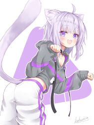 1girl :3 :d ahoge animal_ear_fluff animal_ears black_collar black_hoodie cat_ears cat_girl cat_tail collar food_print highres hololive hood hoodie konnyaku_(kohoshien) looking_at_viewer nekomata_okayu nekomata_okayu_(1st_costume) onigiri_print open_mouth paw_pose purple_eyes purple_hair short_hair smile solo tail virtual_youtuber