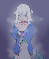 Rule 34 | 1boy, 1girl, blue background, blue eyes, blue hair, blue hoodie, breasts, collarbone, crime prevention buzzer, fins, fish tail, gawr gura, grin, hair ornament, heart, heart-shaped pupils, hetero, highres, hololive, hololive english, hood, hoodie, long hair, looking at viewer, medium hair, moral cacoethes, multicolored hair, naked hoodie, nipples, pov, pov hands, pulling own clothes, shark girl, shark hair ornament, shark tail, sharp teeth, short twintails, simple background, small breasts, smile, solo focus, steam, symbol-shaped pupils, tail, teeth, trembling, twintails, two side up, undressing, unzipping, virtual youtuber, white hair