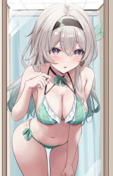 1girl :o bare_arms bare_shoulders bikini black_hairband blush bow bow_choker breasts changing_room choker cleavage collarbone commentary cowboy_shot crossed_bangs curtains dot_nose firefly_(honkai:_star_rail) frilled_bikini_top frills gradient_hair green_bikini green_bow green_hair green_pupils grey_hair groin hair_between_eyes hair_intakes hairband halterneck hand_on_own_thigh hand_up highres honkai:_star_rail honkai_(series) indoors kunizaki large_breasts leaning_forward long_hair looking_at_mirror looking_at_viewer mirror multicolored_eyes multicolored_hair navel parted_lips purple_eyes reflection side-tie_bikini_bottom sidelocks solo standing stomach swimsuit thigh_gap thighs two-tone_eyes two-tone_hair