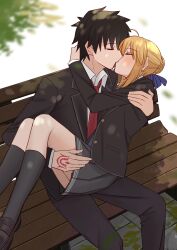 Rule 34 | absurdres, ahoge, artoria pendragon (fate), bench, black footwear, black hair, black pants, black shirt, blonde hair, blush, bow, carrying, closed eyes, command spell, fate/grand order, fate (series), fujimaru ritsuka (male), hair bow, hair bun, hetero, highres, kiss, leaf, necktie, pants, princess carry, school uniform, shintyoi2, shirt, short hair, skirt, white shirt