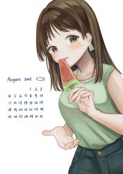 Rule 34 | 1girl, blush, breasts, brown eyes, brown hair, collarbone, earrings, food, green shirt, highres, holding, holding food, holding popsicle, jewelry, long hair, looking at viewer, medium breasts, nena labo, open mouth, original, pants, popsicle, shirt, short sleeves, simple background, solo, watermelon bar, white background